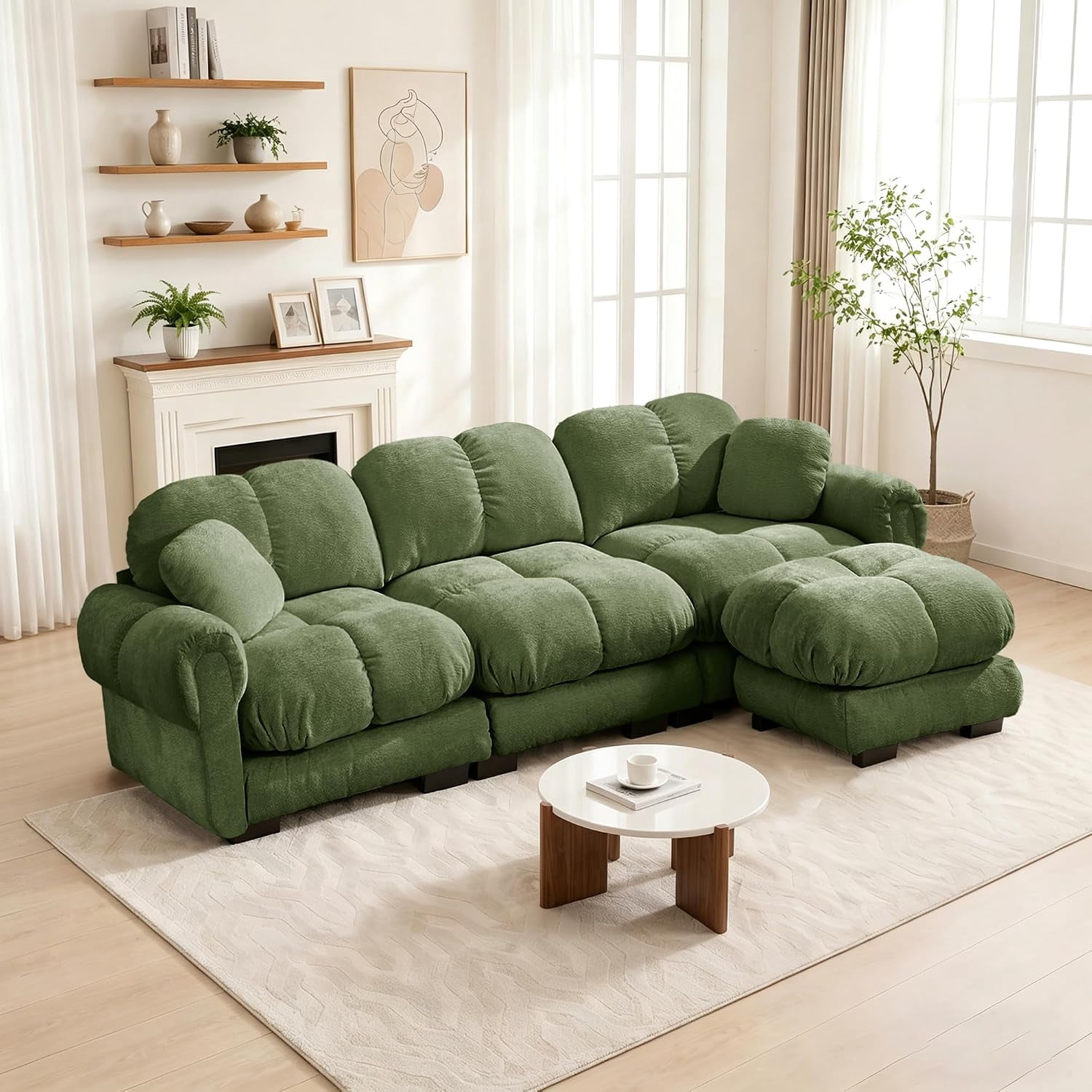 103.9'' Oversized Cloud Sectional Sofas, Glossy Chenille 3-Seater Couches with Ottoman, Modern Modular Couch Set, Comfy L Shaped Sofa for Small Spaces, Living Room, Apartment, Offices, Green
