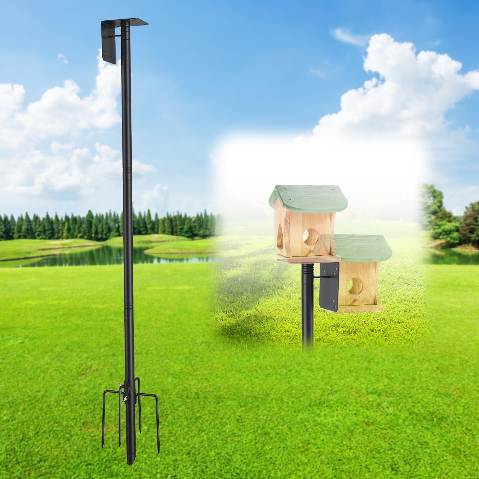 103'' Bird Feeder Pole with 5-Pronged Bracket, Adjustable Heavy Duty Bird House Pole for Outdoor, Matte Black