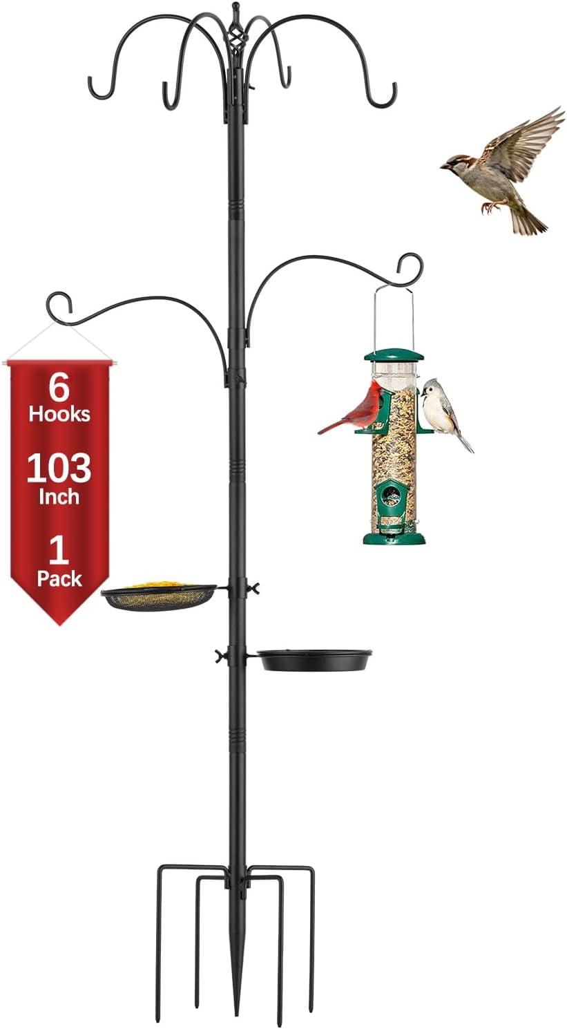 103 in Bird Feeding Station Kit, 6-Hook Wild Bird Feeder Stand Pole, Steel Multi-Feeder Pole with 5-Prong Base, Mesh Tray, Bird Bath for Attracting Wild Birds