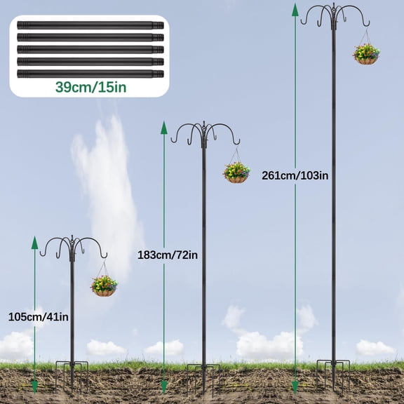 103 in Bird Feeding Station Kit, 6-Hook Wild Bird Feeder Stand Pole, Steel Multi-Feeder Pole with 5-Prong Base, Mesh Tray, Bird Bath for Attracting Wild Birds