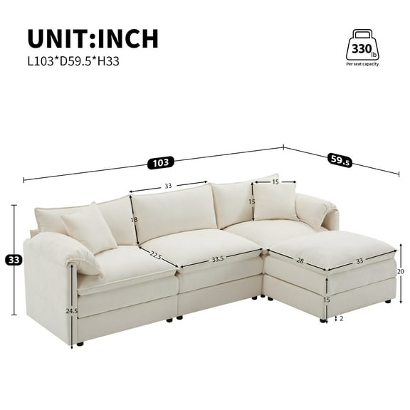 103" Chenille Modular Sectional Sofa | L-Shaped Cloud Couch for Living Room | Deep & Wide Seats, Double Cushions, Movable Ottoman | Oversized Indoor Furniture | Cream