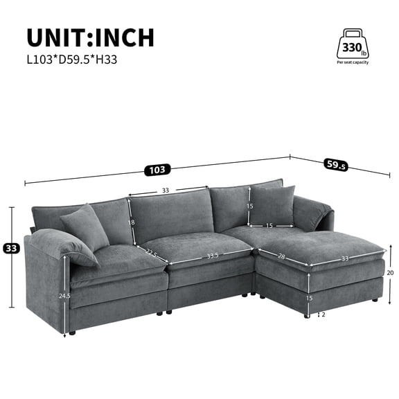 103" Chenille Modular Sectional Sofa | Oversized 4-Seat L-Shaped Cloud Couch | Deep Wide Seats, Double Cushions, Movable Ottoman, Indoor Living Room Furniture | Dark Gray