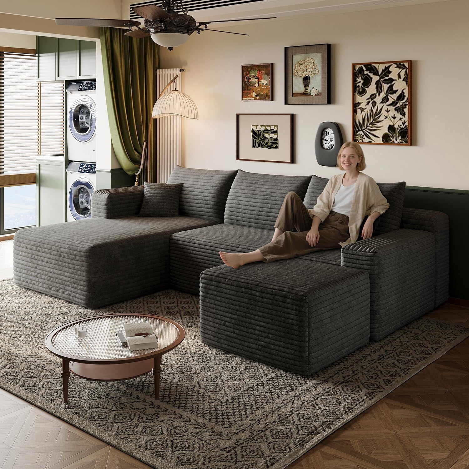 103" Cloud Sectional Sofa, Modern L Shaped Deep Seat Couch, Plush Corduroy Upholstered Sofa No Assembly, Living Room