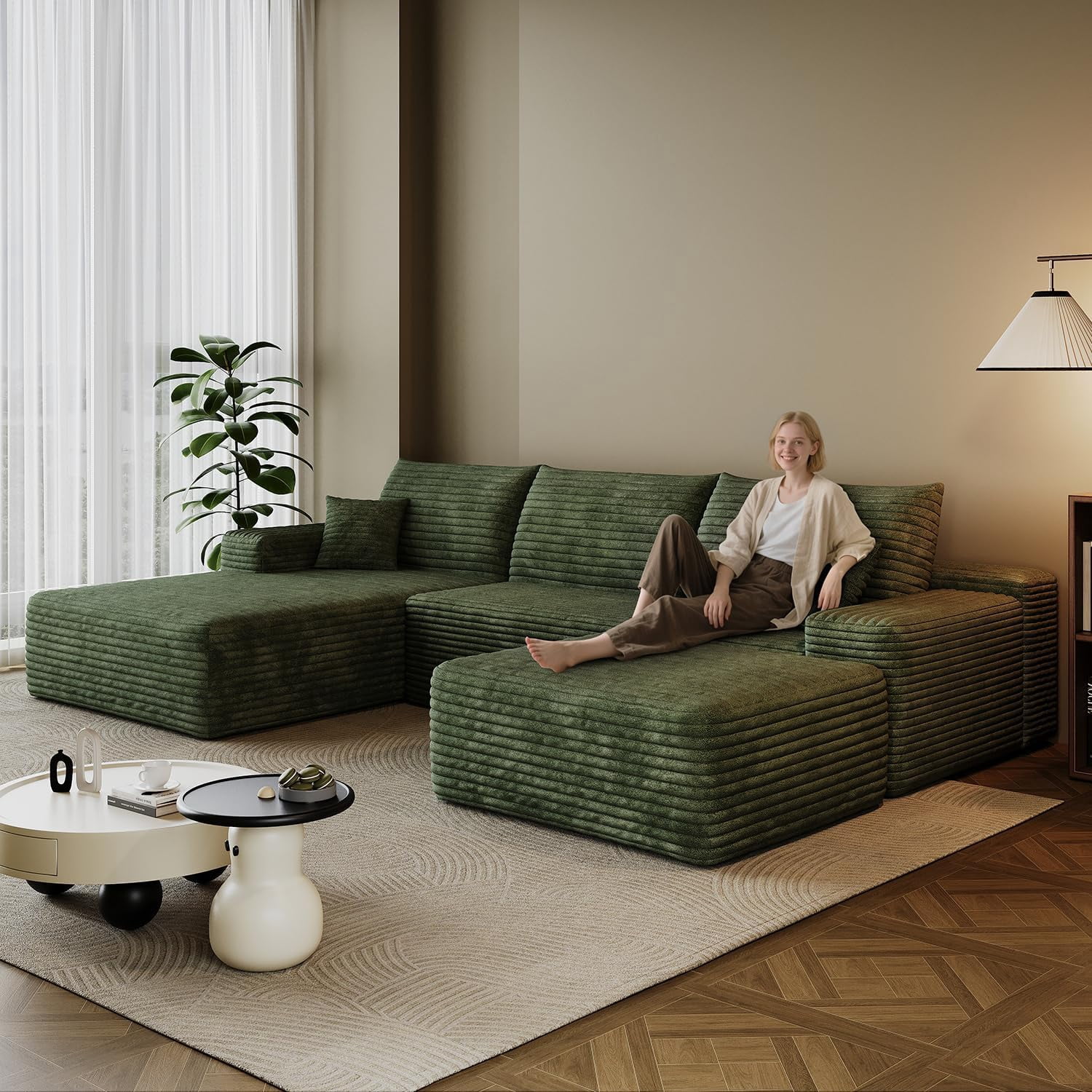 103" Cloud Sectional Sofa, Modern L Shaped Deep Seat Couch, Plush Corduroy Upholstered Sofa No Assembly, Living Room