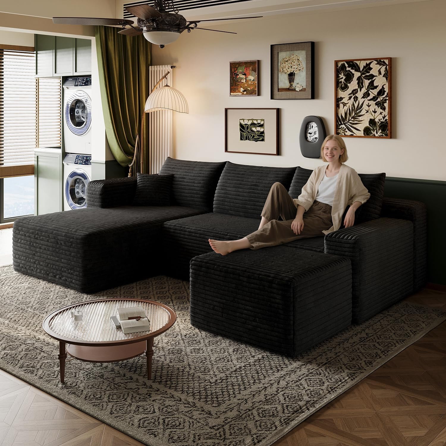 103" Cloud Sectional Sofa, Modern L Shaped Deep Seat Couch, Plush Corduroy Upholstered Sofa No Assembly, Living Room