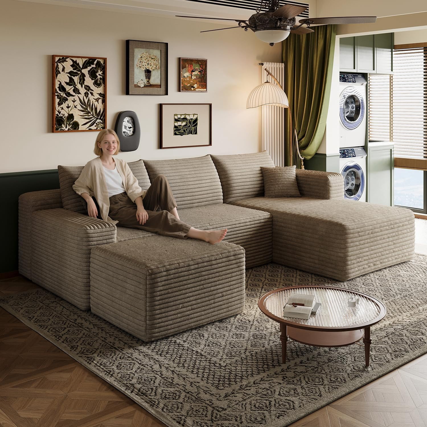 103" Cloud Sectional Sofa, Modern L Shaped Deep Seat Couch, Plush Corduroy Upholstered Sofa No Assembly, Living Room