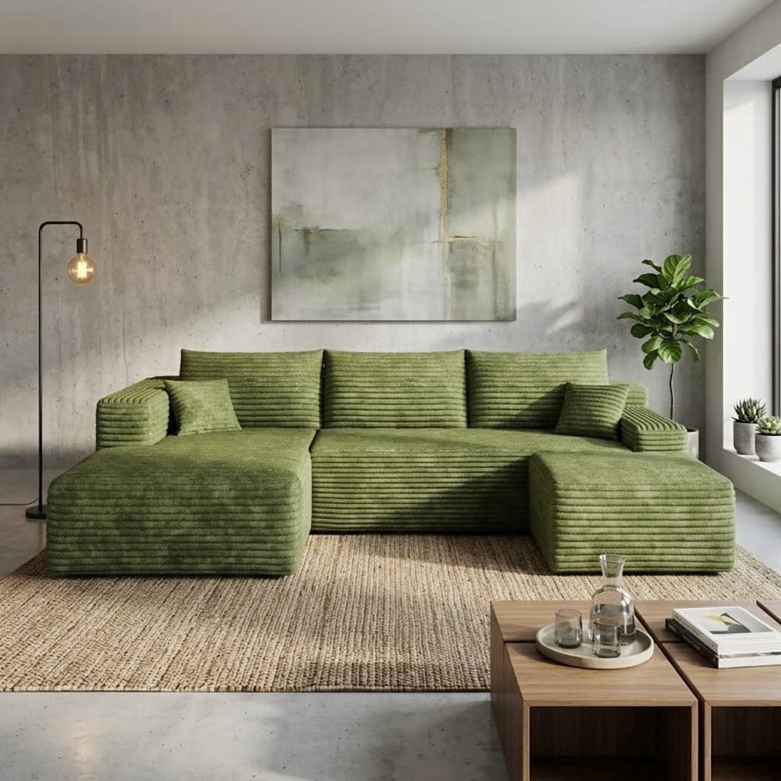 103" Cloud Sectional Sofa with Ottoman, Modern U-Shaped Modular Couch with Reversible Chaise Lounge, Plush Corduroy Upholstered Deep Seat Sofa for Living Room, Apartment, No Assembly Required