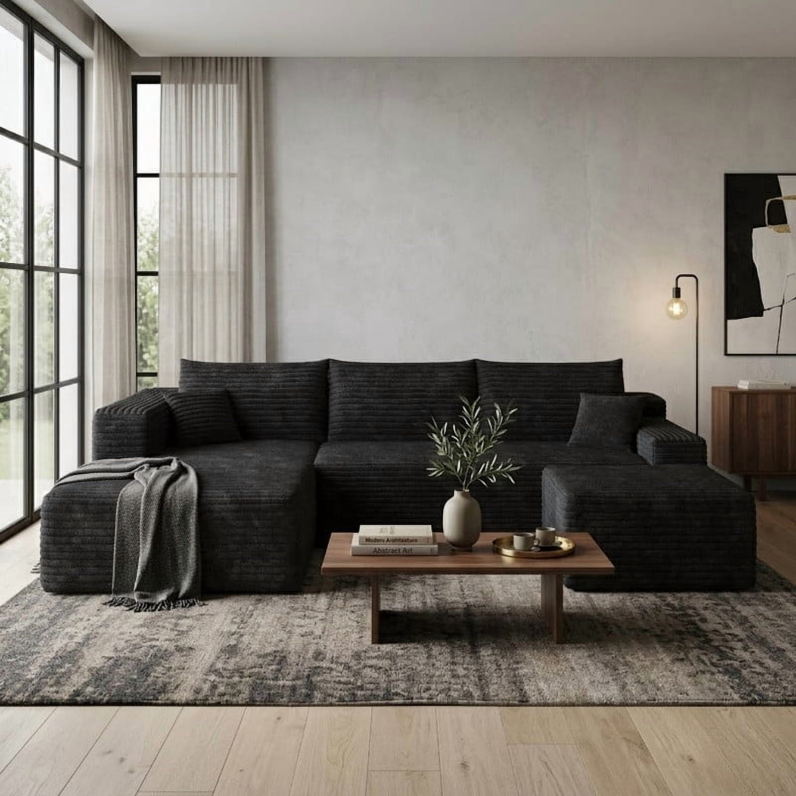 103" Cloud Sectional Sofa with Ottoman, Modern U-Shaped Modular Couch with Reversible Chaise Lounge, Plush Corduroy Upholstered Deep Seat Sofa for Living Room, Apartment, No Assembly Required