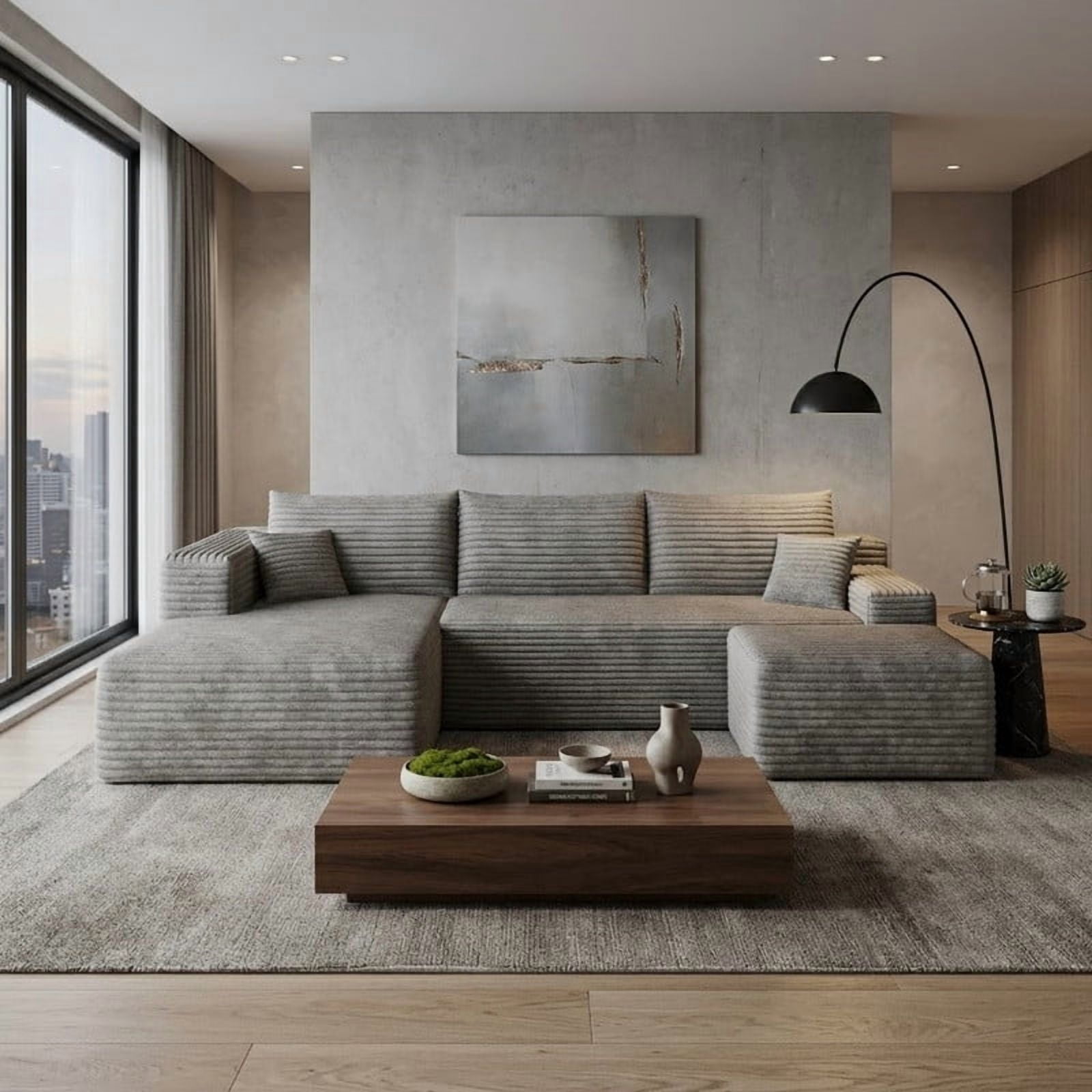 103" Cloud Sectional Sofa with Ottoman, Modern U-Shaped Modular Couch with Reversible Chaise Lounge, Plush Corduroy Upholstered Deep Seat Sofa for Living Room, Apartment, No Assembly Required
