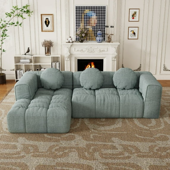 103"Compressed Sofa, Modular Sectional Sofa with Pillows and Left Side Recliner, L Shape Sofa for Living Room, Free Combination, Couch in a Box, No Assembly, Blue Gray