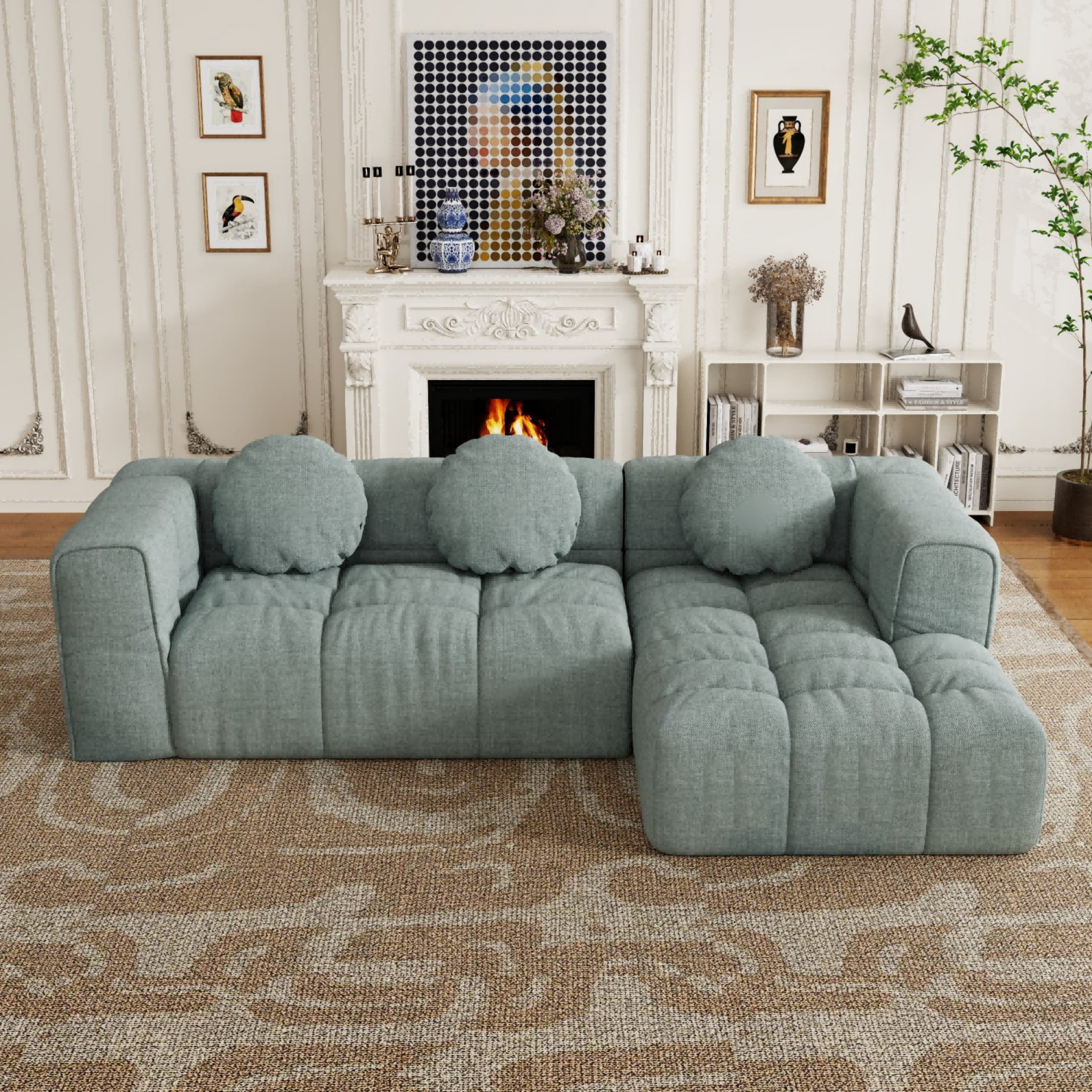 103"Compressed Sofa, Modular Sectional Sofa with Pillows and Right Side Recliner, L Shape Sofa for Living Room, Free Combination, Couch in a Box, No Assembly, Blue Gray