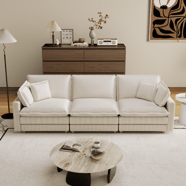 103 Inch Modular Sectional Couch with 4 Pillows, Corduroy Fabric 3-Seater Cloud Sofa, Modern Deep Seat Sofa with Double Layer Seat Cushionfor, for Living Room Bedroom Apartment, Beige