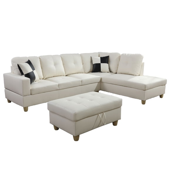103 Inch Modular Sectional Sofa, MLKHFAP Faux Leather L Shaped 6 Seats Sofa with Storage Ottoman, Extra Headrests, Sectional Couches Furniture for Living Room, Apartment, White