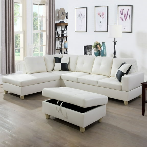 103 Inch Modular Sectional Sofa, MLKHFAP Faux Leather L Shaped 6 Seats Sofa with Storage Ottoman, Extra Headrests, Sectional Couches Furniture for Living Room, Apartment, White