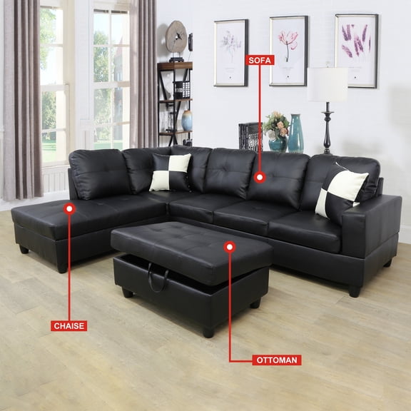 103 Inch Modular Sectional Sofa, MLKHFAP Faux Leather L Shaped 6 Seats Sofa with Storage Ottoman, Extra Headrests, Sectional Couches Furniture for Living Room, Apartment, Black