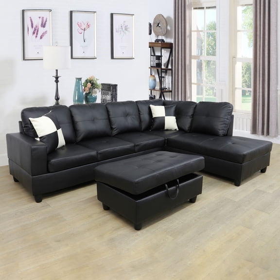 103 Inch Modular Sectional Sofa, MLKHFAP Faux Leather L Shaped 6 Seats Sofa with Storage Ottoman, Extra Headrests, Sectional Couches Furniture for Living Room, Apartment, Black