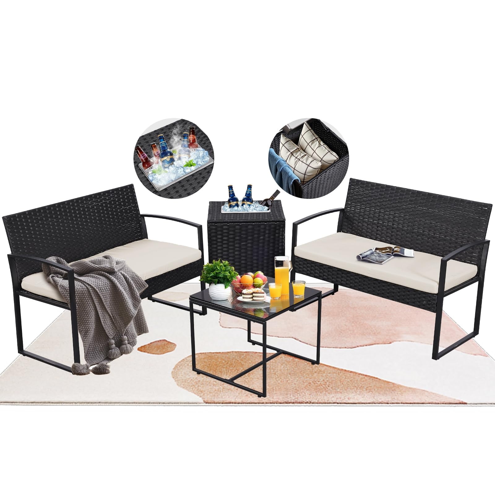 4 Piece Outdoor Patio Furniture Set,Wicker Conversation Sets Patio Sofa Couch with Built-in Beverage Cooler Storage Box & Coffee Table for Outside, Garden, Balcony, Porch,Black/Beige