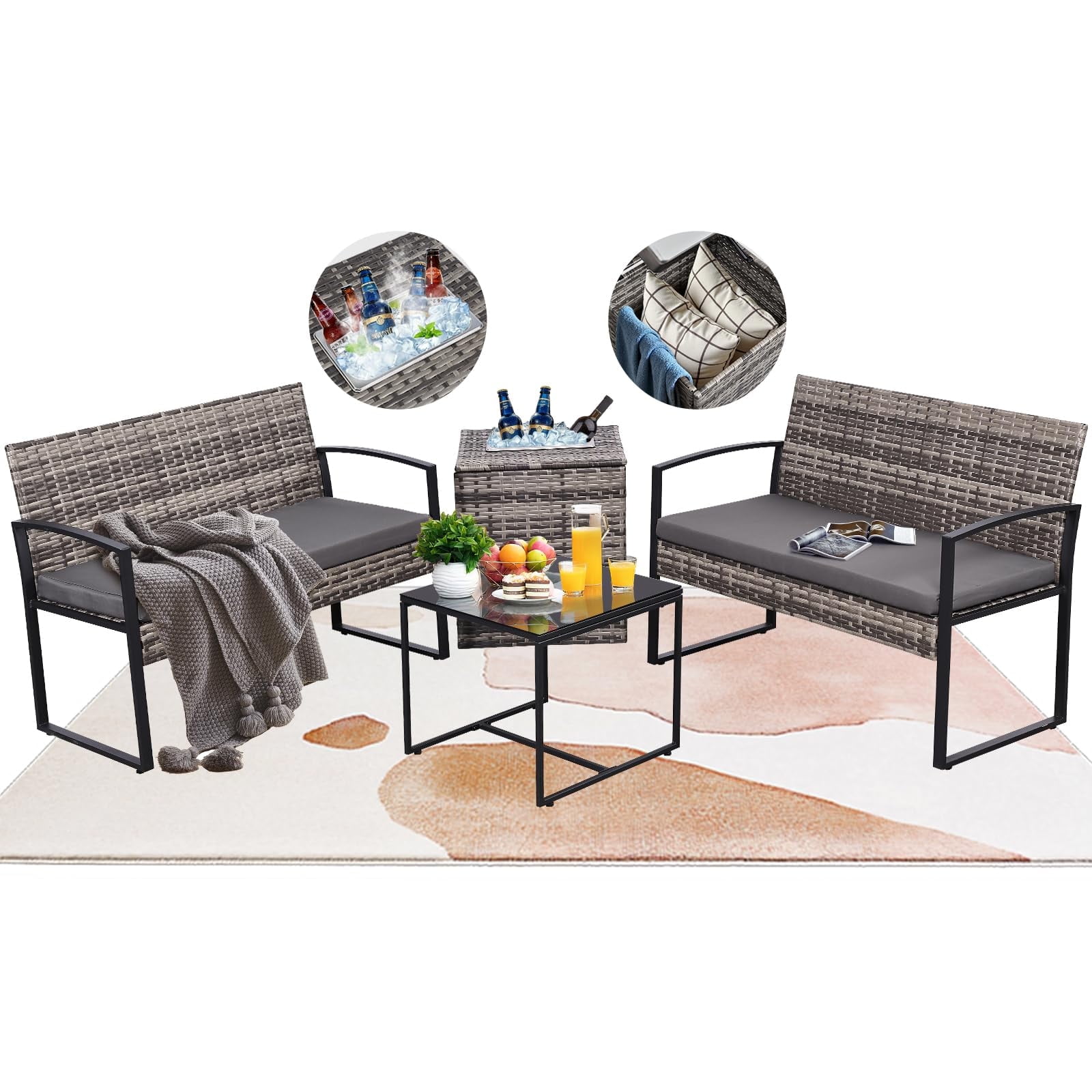 4 Piece Outdoor Patio Furniture Set,Wicker Conversation Sets Patio Sofa Couch with Built-in Beverage Cooler Storage Box & Coffee Table for Outside, Garden, Balcony, Porch,Grey/Grey