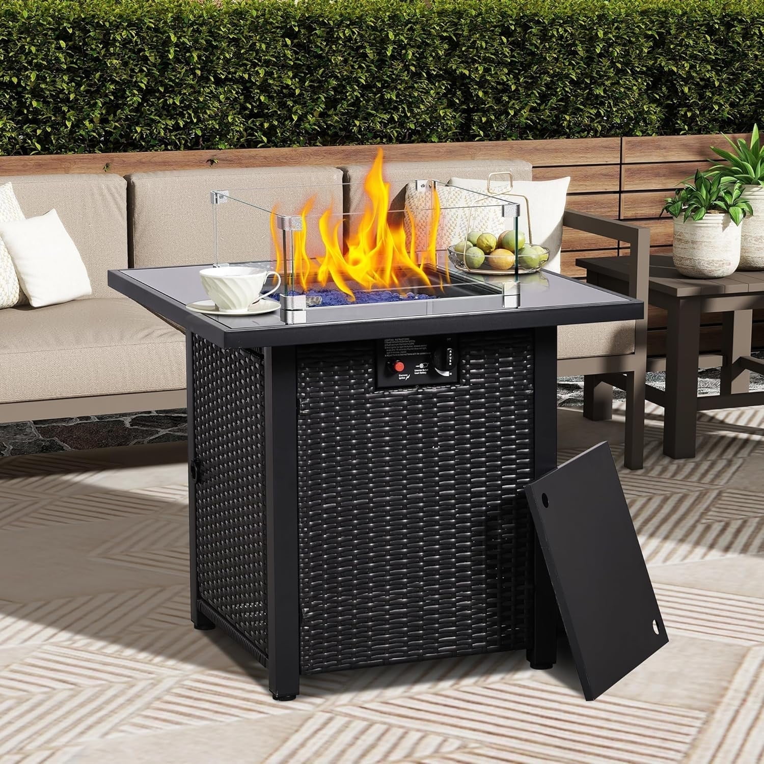 28" Propane Fire Pit Table, 50,000 BTU Steel Gas Firepit, Rectangular Fire Pits with Cover, CSA Certified, Pulse Ignition,Glass Stone,Wind Guard, Ideal for Outdoor Patio,Dining-Black