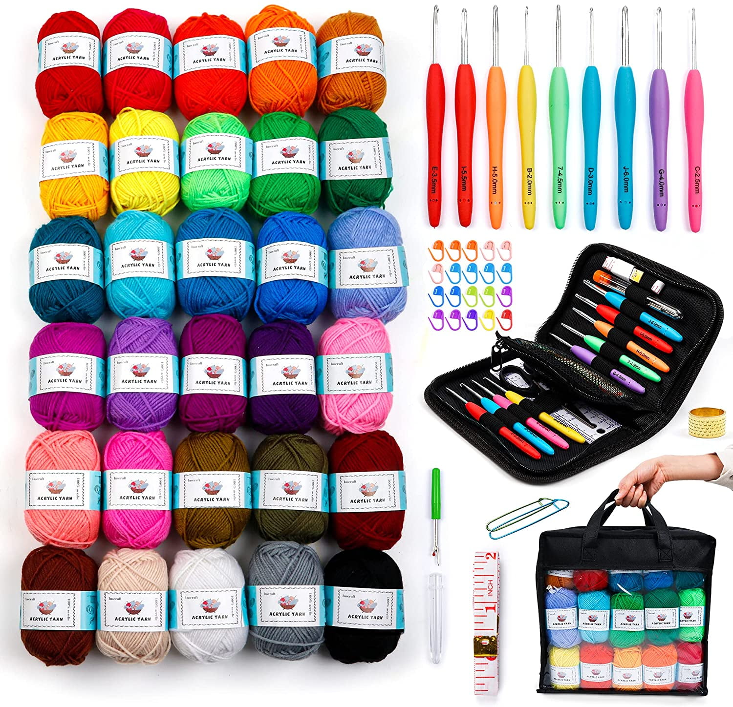 103 Pcs Crochet Kit with Crochet Hooks Yarn Set, Premium Bundle Includes 2180 Yards Acrylic Yarn Skeins Balls, Needles, Accessories, Bag, Ideal