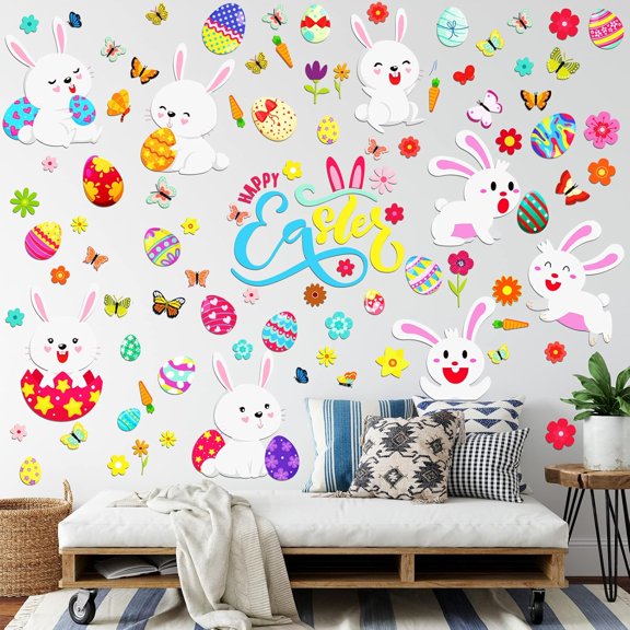 103 Pcs/ 6 Sheets Easter Wall Decals Easter Bunnies Rabbit Eggs Wall Stickers Large Room Mural Window Decoration Clings for Home Office Classroom Party Decor, 8.3 x 11.4 Inch