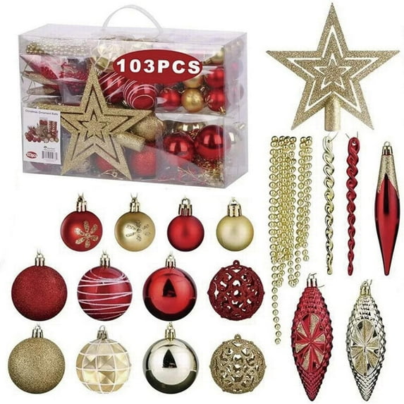 103 Pieces Glitter Multi-Color Plastic Christmas Shatterproof Decorative Accent Ornaments Gold/Red