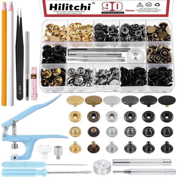 103 Sets Leather Snap Fasteners Kit, 6 Colors 12.5mm Press Studs Metal Snaps Metal Button Snaps with Snap Pliers, Setting Tools, Fabric Marker, Tweezers, Measuring Tape for Clothes, Jeans