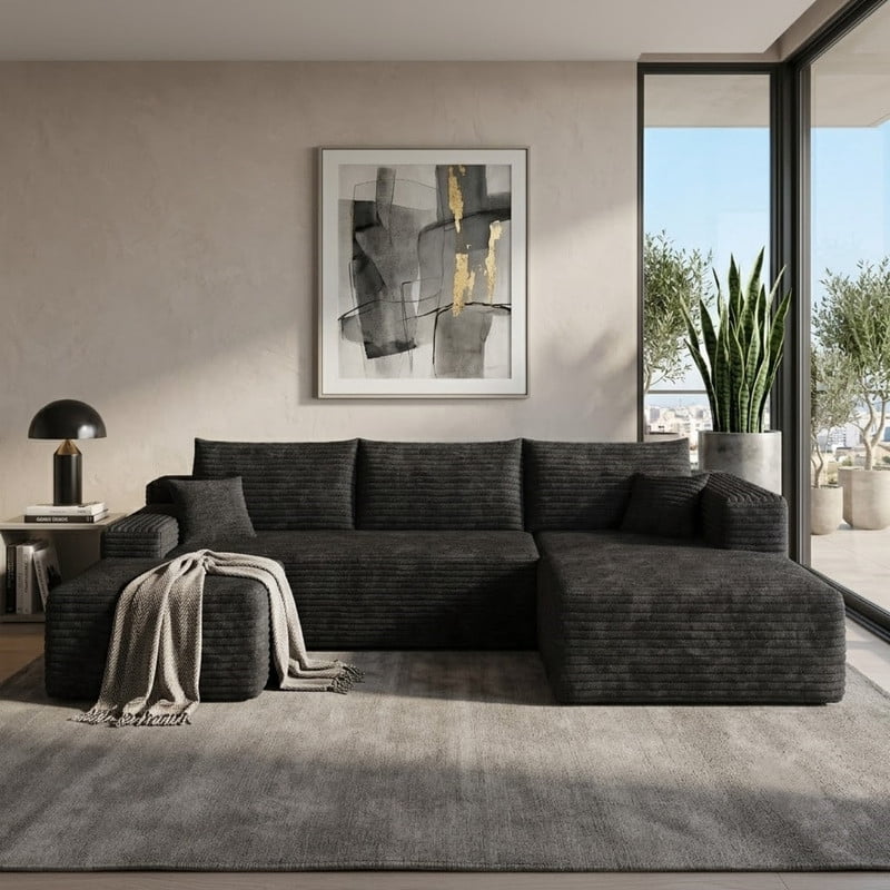 103" U Shaped Cloud Sectional Sofa with Ottoman, Modern Modular Corduroy Fabric Couch with Deep Seat and Chaise, Minimalist Upholstered Corner Sofa for Living Room, Apartment, No Assembly Required
