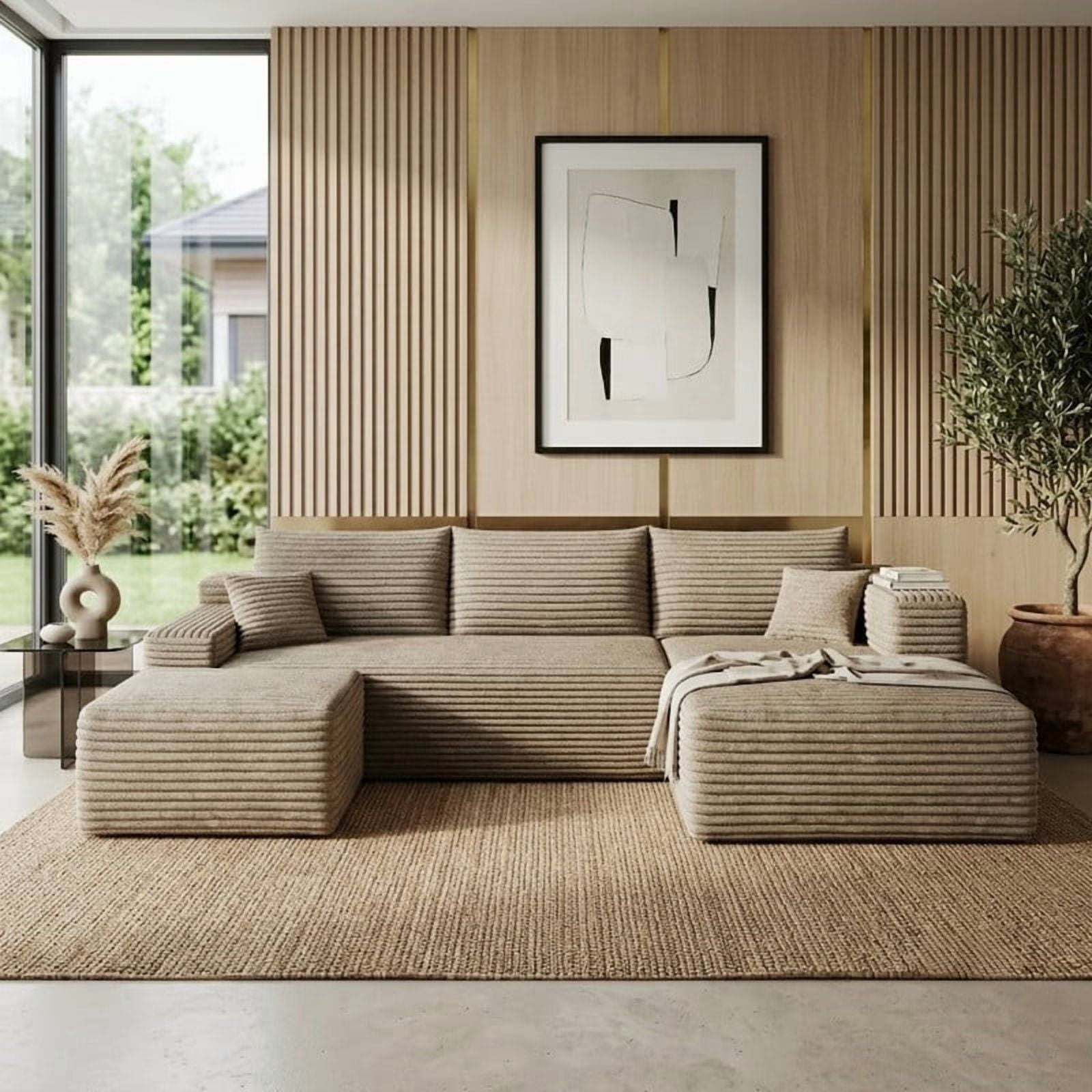 103" U Shaped Cloud Sectional Sofa with Ottoman, Modern Modular Corduroy Fabric Couch with Deep Seat and Chaise, Minimalist Upholstered Corner Sofa for Living Room, Apartment, No Assembly Required