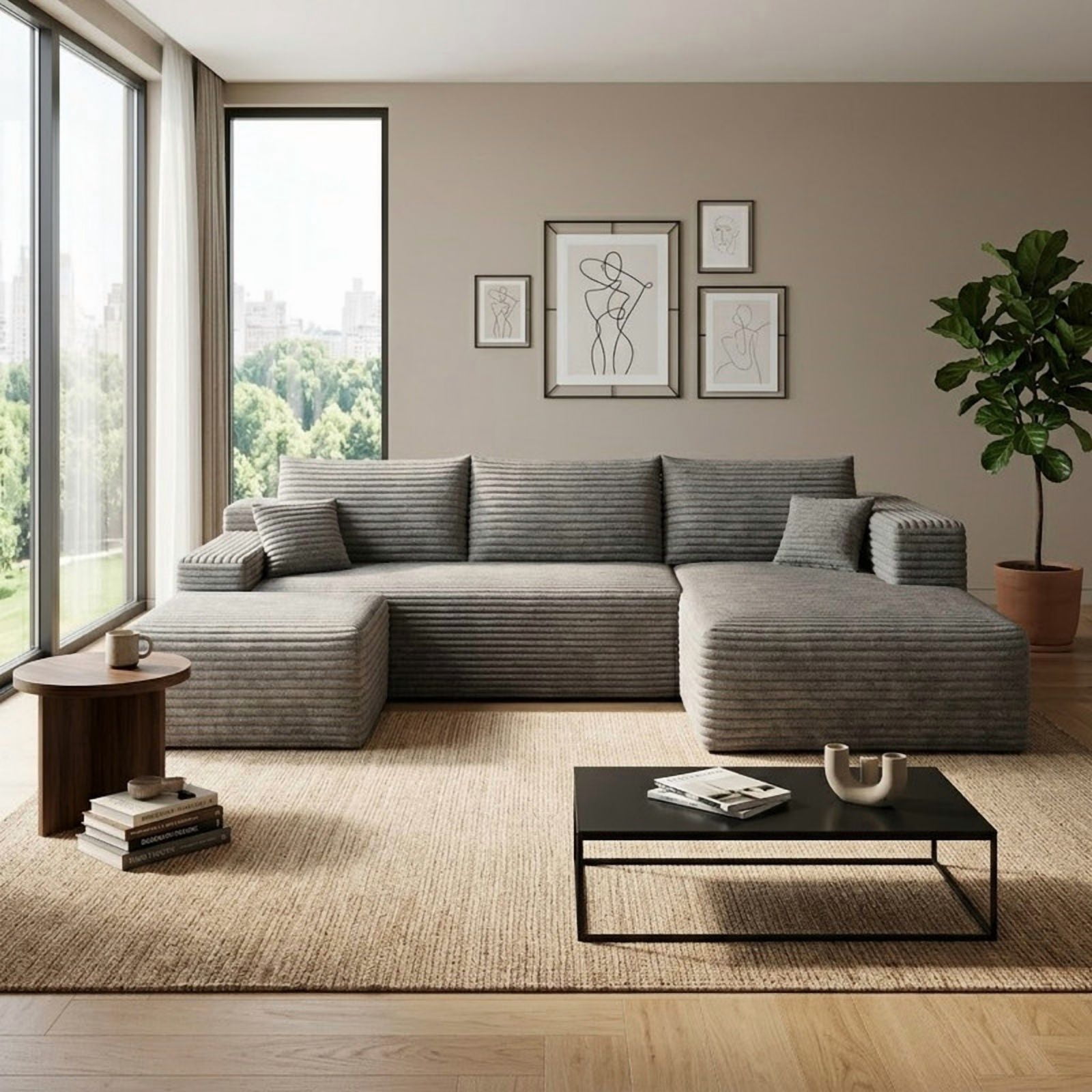 103" U Shaped Cloud Sectional Sofa with Ottoman, Modern Modular Corduroy Fabric Couch with Deep Seat and Chaise, Minimalist Upholstered Corner Sofa for Living Room, Apartment, No Assembly Required