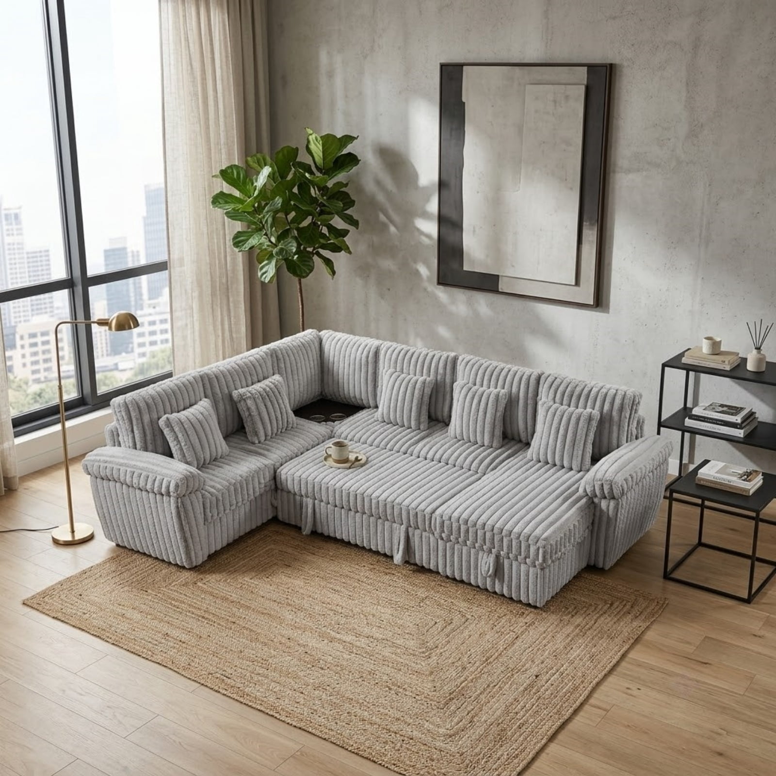 103" U-Shaped Corduroy Sectional Sofa with Pull-Out Sleeper Bed and Storage Chaise, Soft Plush Modular Sofa Couch with Corner Table with Cup Holders and USB Port for Living Room