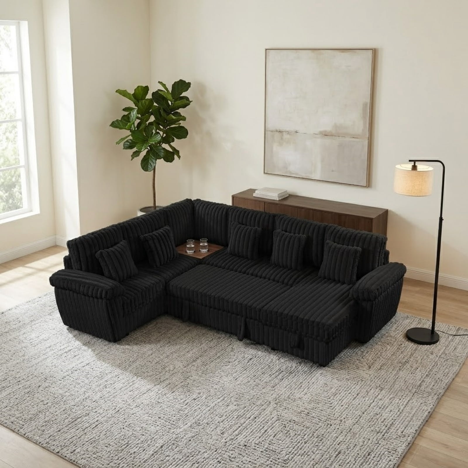 103" U-Shaped Corduroy Sectional Sofa with Pull-Out Sleeper Bed and Storage Chaise, Soft Plush Modular Sofa Couch with Corner Table with Cup Holders and USB Port for Living Room