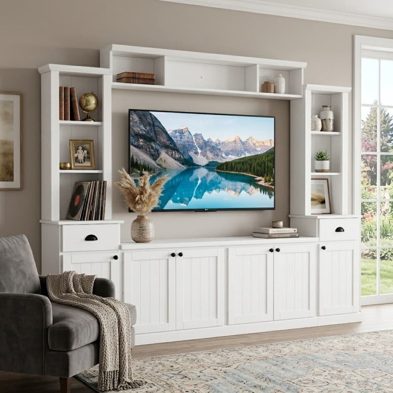 103'' W Entertainment Center Wall Unit with Bridge and Bookshelf for TVs Up to 75'', Minimalist TV Stand with Adjustable Shelves for Living Room