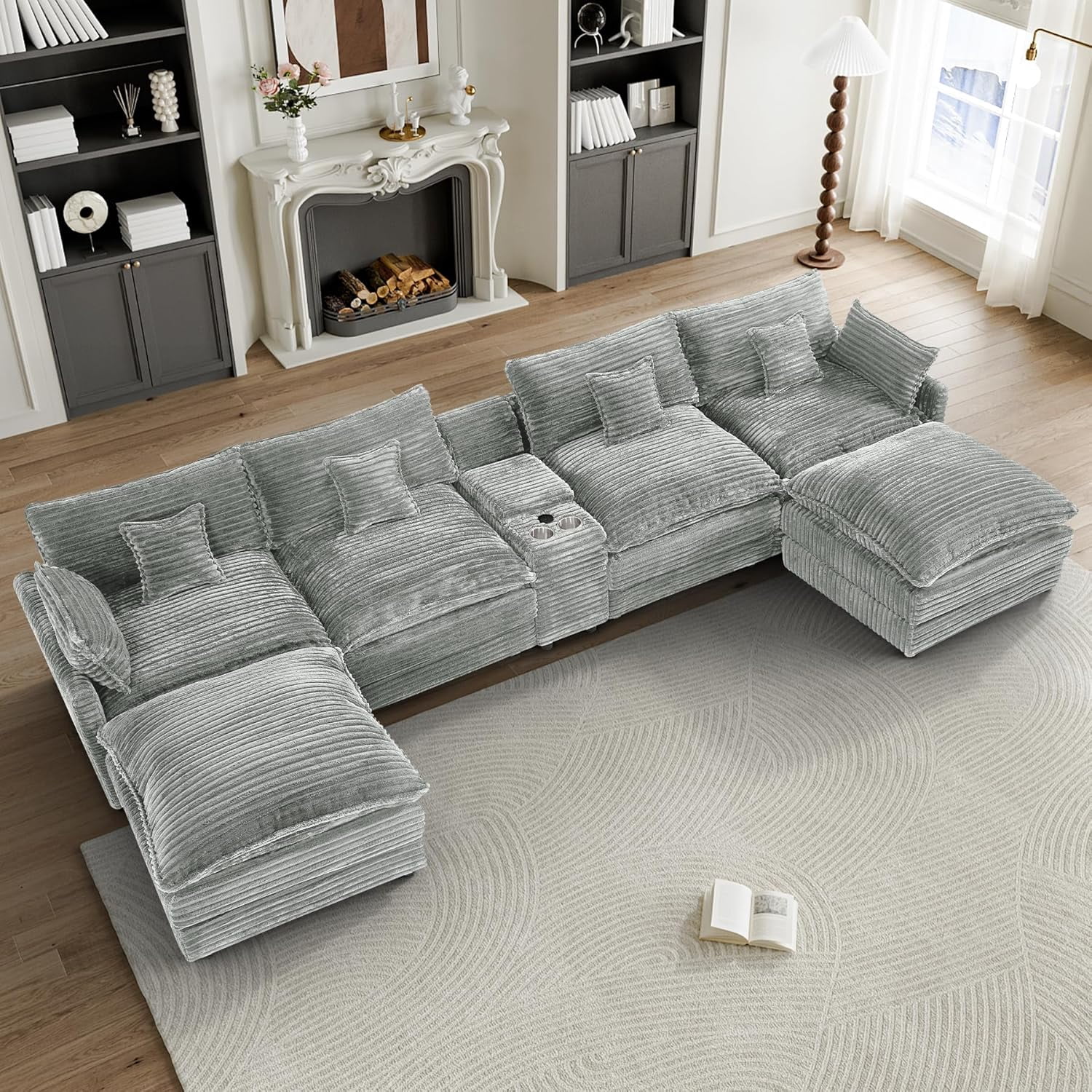 Howcool 145" U Shaped Modular Sectional Sofa, 6 Seat Oversized Cloud Couch with Double Chaise & Central Console, Plush Corduroy Sectional Couch with USB Ports, for Living Room,Light Grey