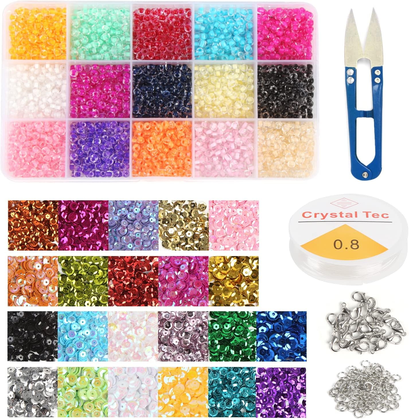 10322 Pcs Glass Seed Beads and Loose Sequins Kit, 4mm Small Craft Beads 6mm Tiny Spangles Kit with Bracelet String Scissors for Embroidery Applique Arts Handmade Crafts and Embellishment