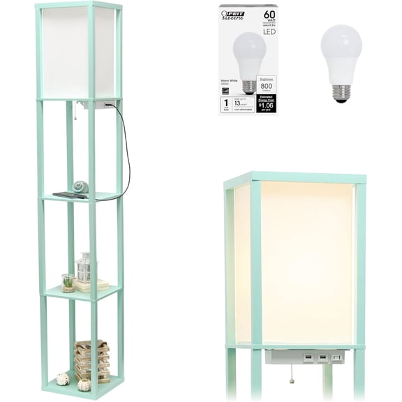 1037--Three-tier shelving storage rack floor lamp, with 2 double ports and charging socket, aqua blue, includes bulb