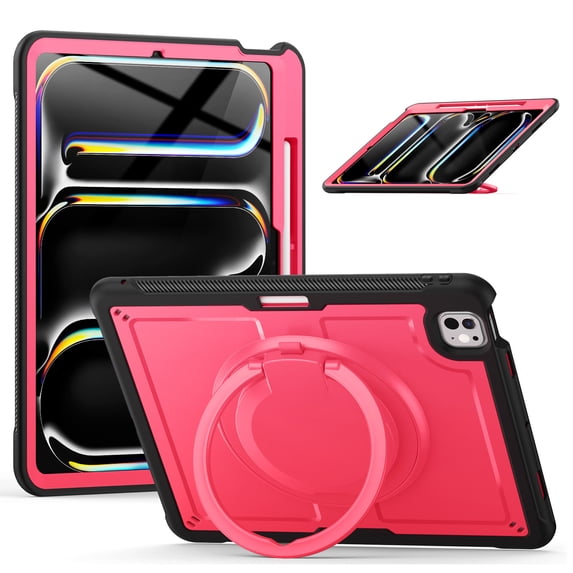Shockproof Case for Apple iPad Pro 11 Inch 2024, Rugged Hybrid Protective Cover with Pencil Holder & Shoulder Strap Kids Friendly Rotating Kickstand Case for iPad Pro 11" 2024 M4,Rose