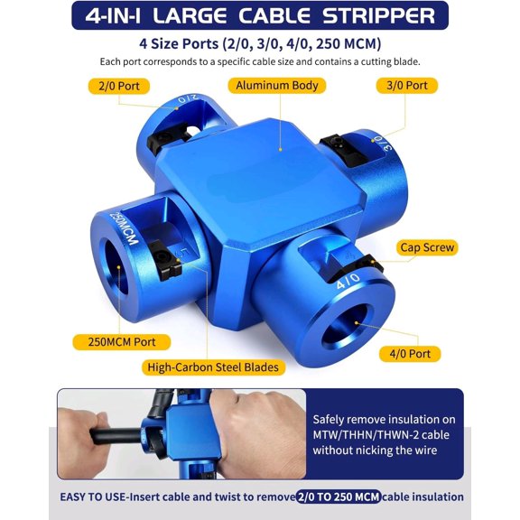 10380 Large Cable Stripper (2/0-250 MCM), 4-in-1 Clover Design Heavy-duty Cable Stripping and Cutting tool, Large Gauge Wire Stripper for Thick Cables Big Round Wire Insulation Jacket Removal$$