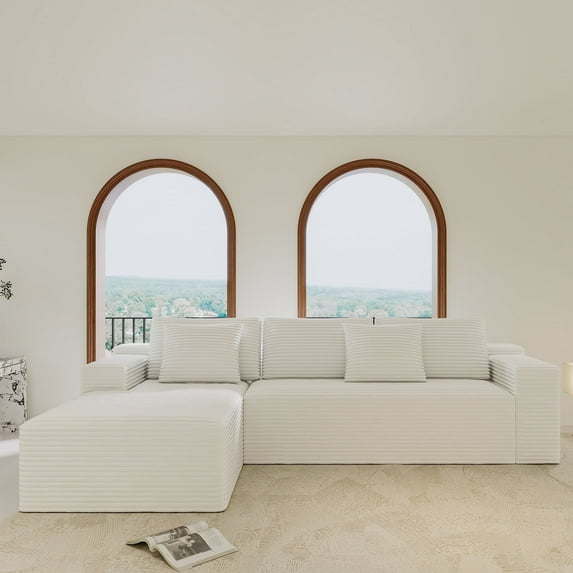 104.3" L-Shaped Corduroy Sectional Sofa , No-Assembly Modular Couch, Deep Seat Recliner Lounge with 2 Pillows,Living Room & Bedroom, White, Left