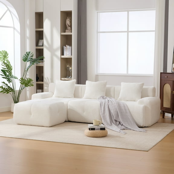 104.3" Modular Sectional Sofa with Movable Ottoman, 3-Seater Boneless Couch with Pillows, L Shaped Cloud Tufted Couch for Living Room, No Assembly, Ivory