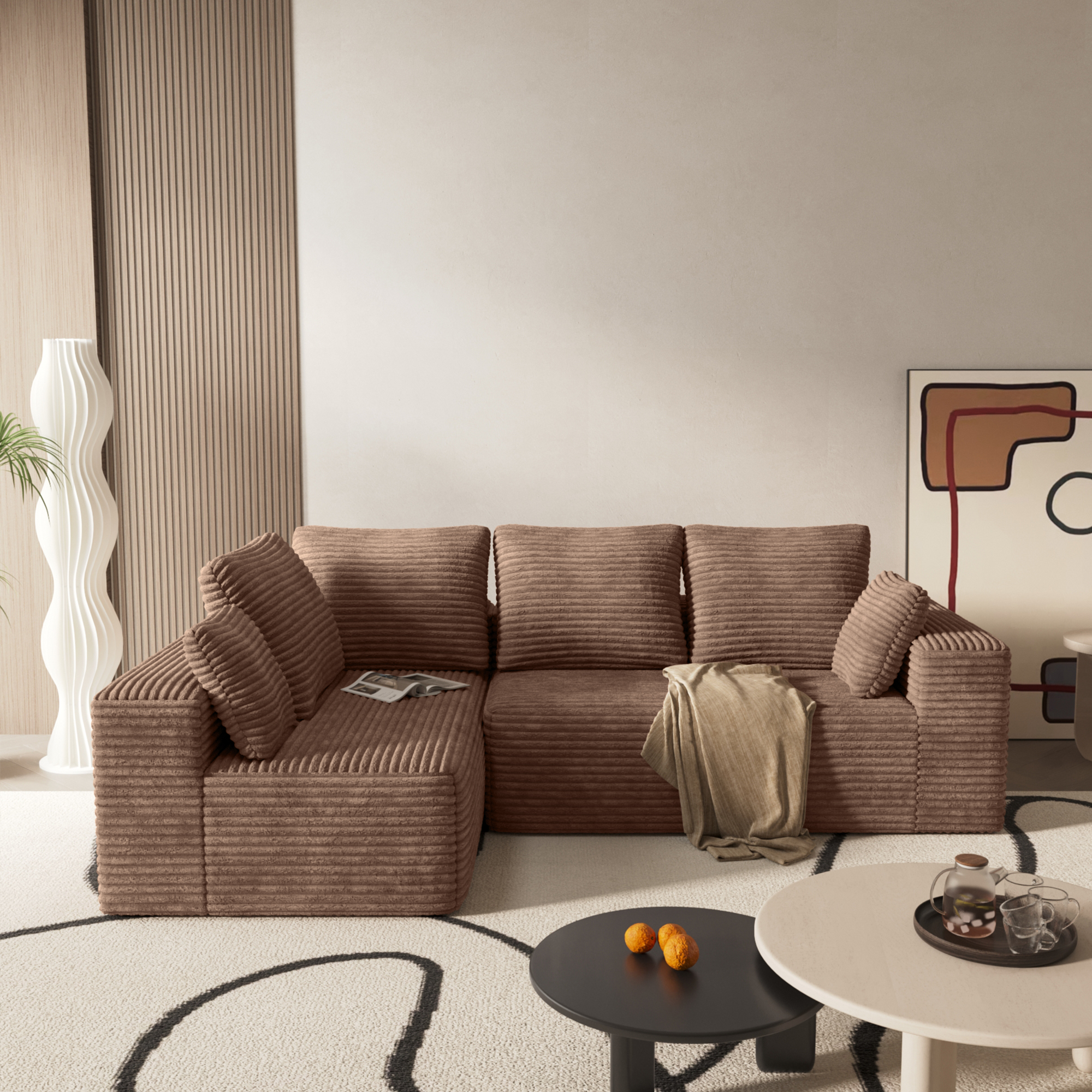 104.4" Modern L-Shaped Sectional Sofa for Living Room Bedroom, Modular Cloud Sectional Couch with Deep Seating Upholstered Sofa, Free Combination Sofa, Corduroy Upholstery, No Assembly, Brown Couch