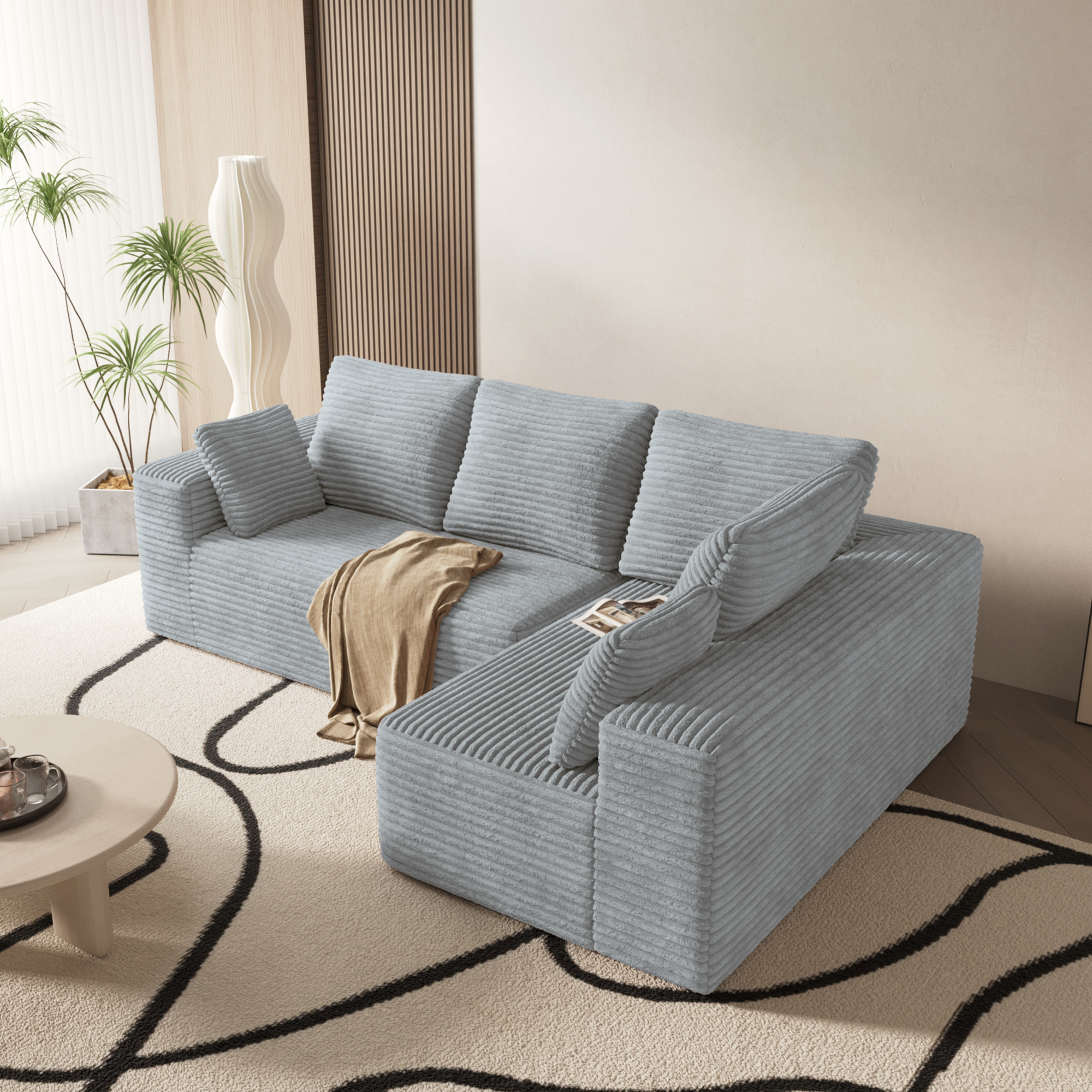 104.4" Modern L-Shaped Sectional Sofa for Living Room Bedroom, Modular Cloud Sectional Couch with Deep Seating Upholstered Sofa, Free Combination Sofa, Corduroy Upholstery, No Assembly, Gray Couch