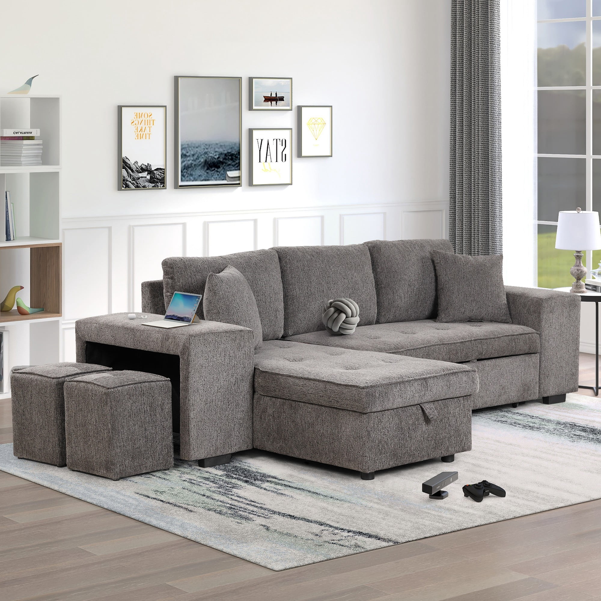 104.5" 3 Seat Reversible Sectional Couch, L-Shape Modern Pull Out Sleeper Sofa with Storage Chaise and 2 Stools for Living Room,Gray