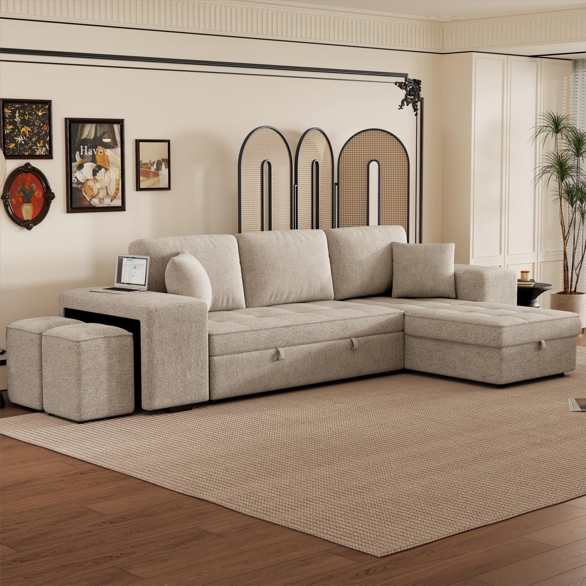 104.5" 3 Seat Reversible Sectional Couch, L-Shape Modern Pull Out Sleeper Sofa with Storage Chaise and 2 Stools for Living Room,khaki