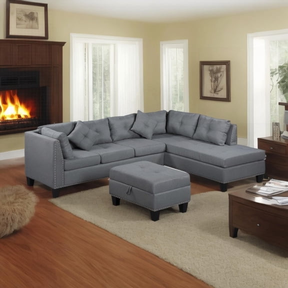 Modern Gray Upholstered 3-Piece Sofa (104.5") with Chaise & Ottoman