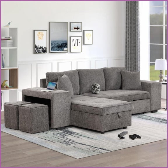 104.5" Modern 3-Seat L-Shape Reversible Sectional Sofa with Pull-Out Sleeper, Storage Chaise & 2 Stools for Living Room | Knox Charcoal | Linen | Square Arms