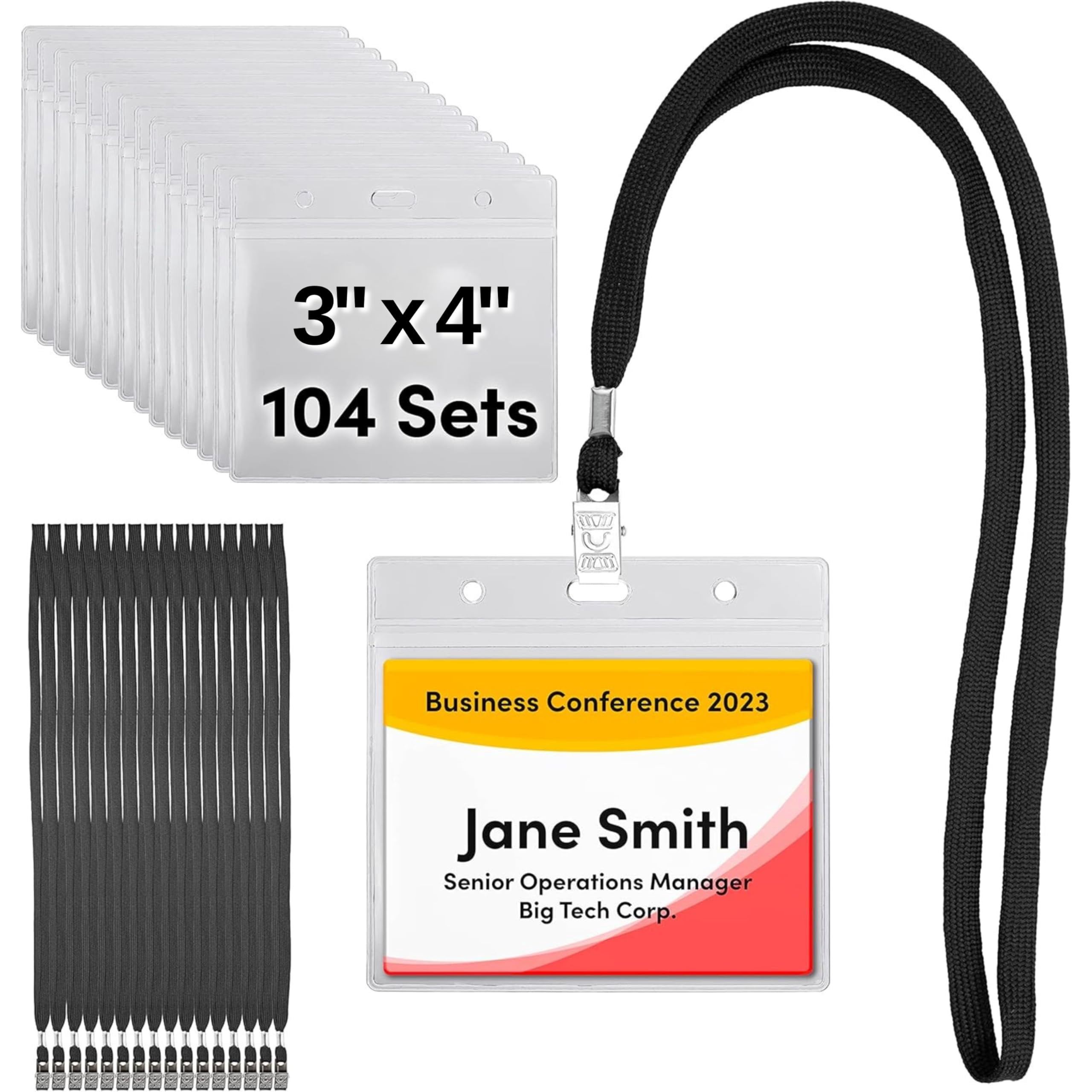 104 & 52 Qty Sets Badge Holders With Lanyards Name Tag And 3x4 Size Quick Load No Zipper Id Holder Clear Plastic (104)