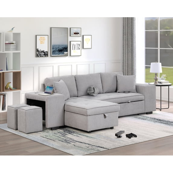 104.5Inch Modular Sectional Sofa, Convertible Pull Out Sleeper Sofa with 2 Stools and Storage Chaise, 3 Seats L-shaped Comfy Couch for Living Room and Office, Gray