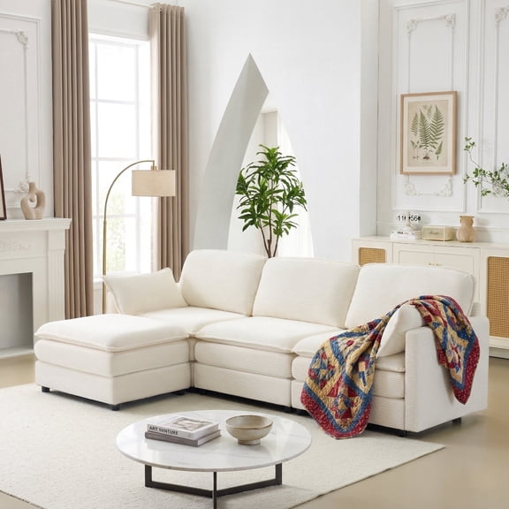 104.7" Cloud Sectional Sofa with Chaise Lounge, Modular Chenille Fabric L-Shaped Couch, Deep Seat Oversized Comfy 4-Seat Sofa for Living Room, Beige