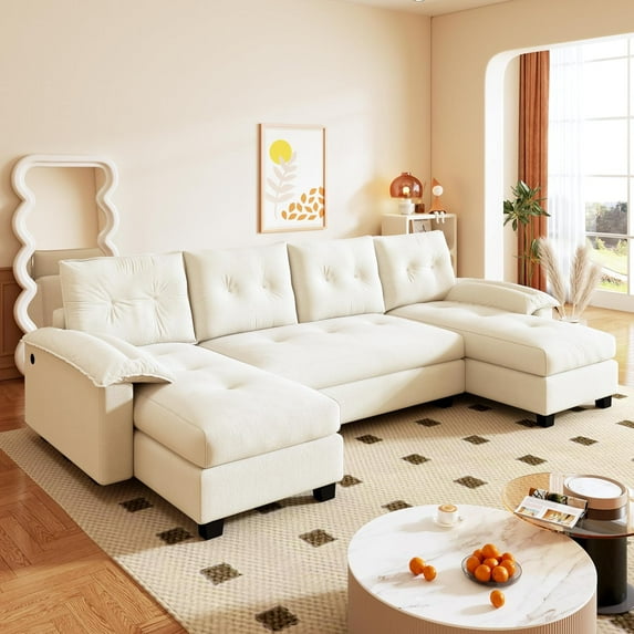 104.7'' Futon Sofa Bed Full, Oversized Folding Sleeper Sofa Bed, Convertible U-Shaped Double Chaise, USB, Type-C, Adjustable Backrest, Chenille Futon Couches for Living Room, Bedroom, Beige